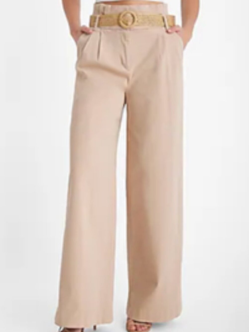 Express Stylist Tan Super High Rise Pleated Paperbag Belted Cotton Wide Leg Pant
